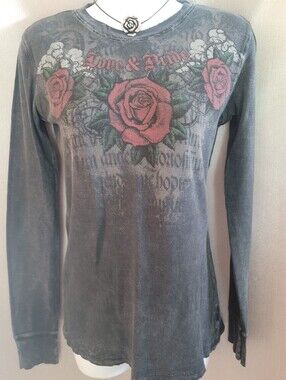Gray Long Sleeve Thermal Top with Pink Rose Graphic